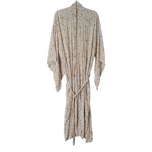 Novica Women Brown Cream Batik Scroll Print Rayon Long Robe Kimono Size S/M